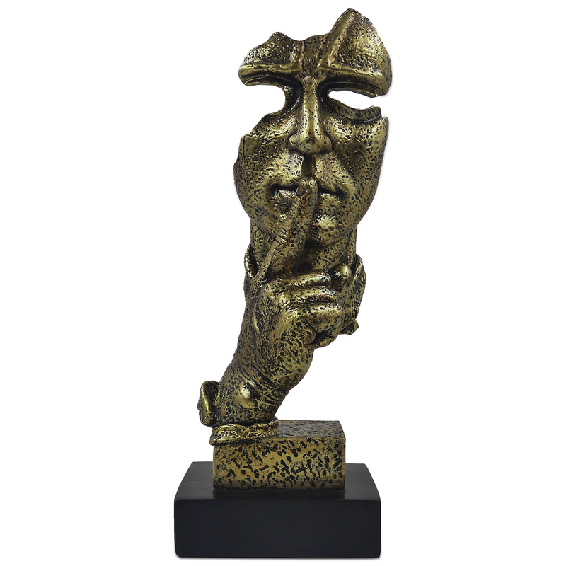 A bronze sculpture of a thinker's face, depicting a silent, reflective pose, is placed on a black base.