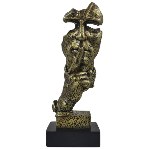 A bronze sculpture of a thinker's face, depicting a silent, reflective pose, is placed on a black base.