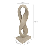 Beige twisted sculpture with dimensions on a white background.