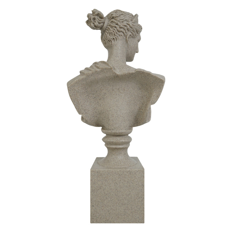 Stone bust of a classical figure on a white background
