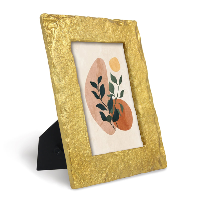 4x6 Gold Picture Frame, Modern Minimalist Photo Frames for Tabletop and Wall Mount, Hand-Painted Carved Border with Chiseled Texture