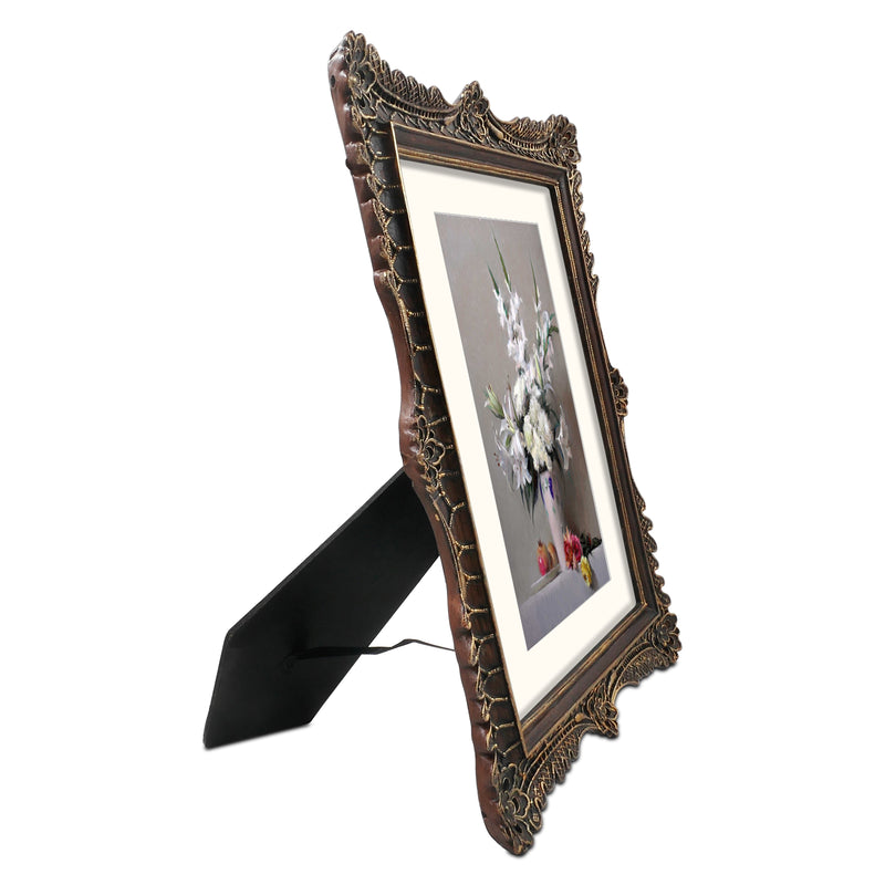 11x14 Picture Frame with Mat, Vintage Picture Frames 11x14 Matted to 8x10, Antique Gold Frame with Carved Ornate Floral Lattice Patterns