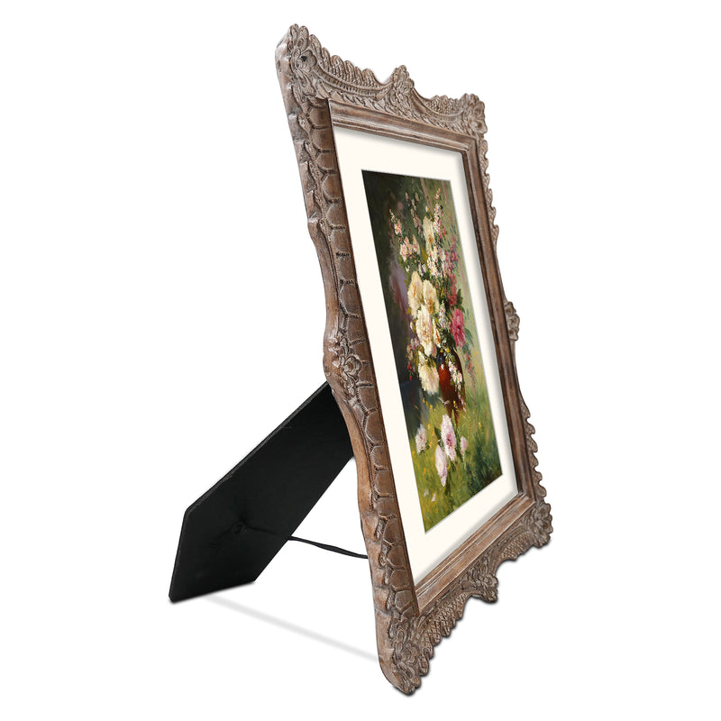 11x14 Picture Frame with Mat, Vintage Picture Frames 11x14 Matted to 8x10, Distressed Wood Frame with Carved Ornate Floral Lattice Patterns