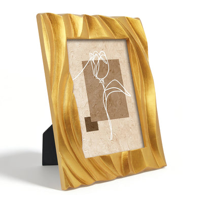 Gold modern 4x6 picture frame with hand-carved 3D wave texture design for wall and tabletop display, hand-painted resin