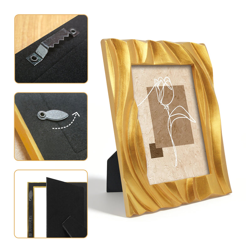 Gold Picture Frame 4x6, Modern Minimalist Photo Frames Tabletop or Wall for Home Décor Gifts, Hand Carved Wave Pattern Frame with 3D Textured Design