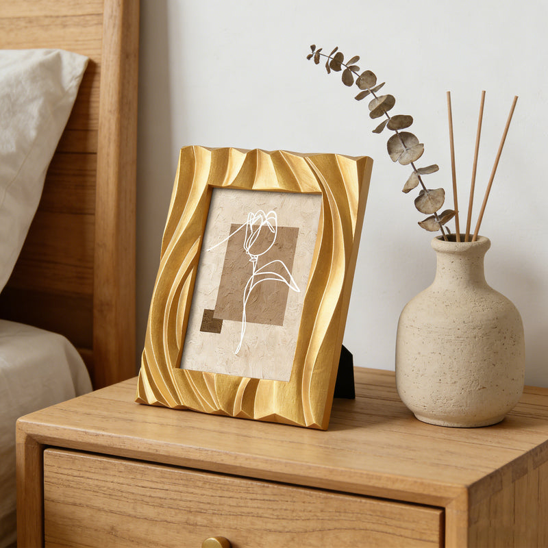 Gold Picture Frame 4x6, Modern Minimalist Photo Frames Tabletop or Wall for Home Décor Gifts, Hand Carved Wave Pattern Frame with 3D Textured Design