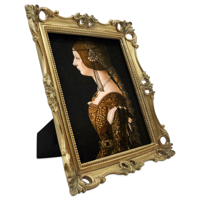 An ornate vintage-inspired gold picture frame, designed for an 8x10-inch picture, featuring a decorative painting of a woman inside.
