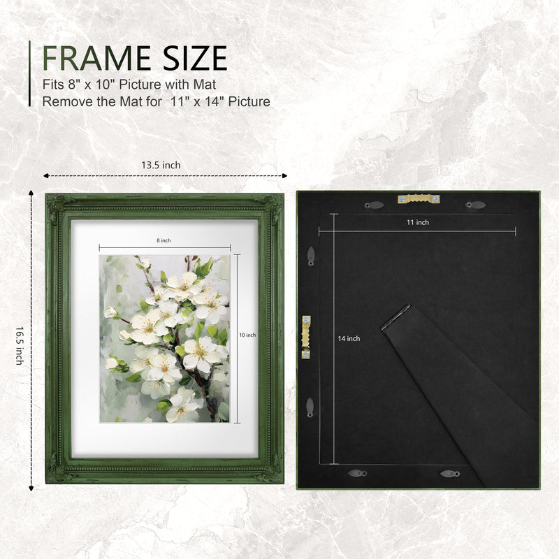 Green 11x14 vintage picture frame with floral corner accents and beaded border, alternate view showing frame detail