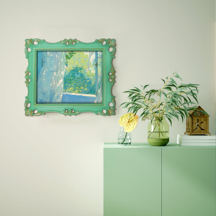 An ornate vintage-inspired picture frame with green edges and gold accents, designed for an 8x10-inch picture, featuring a decorative painting.