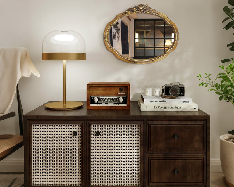 Napoleon Furniture sideboard with decorative mirror, lamp, and books in a room setting.