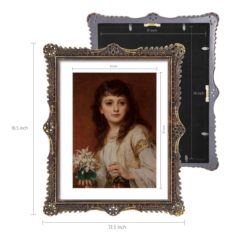 11x14 Picture Frame with Mat, Vintage Picture Frames 11x14 Matted to 8x10, Antique Gold Frame with Carved Ornate Floral Lattice Patterns