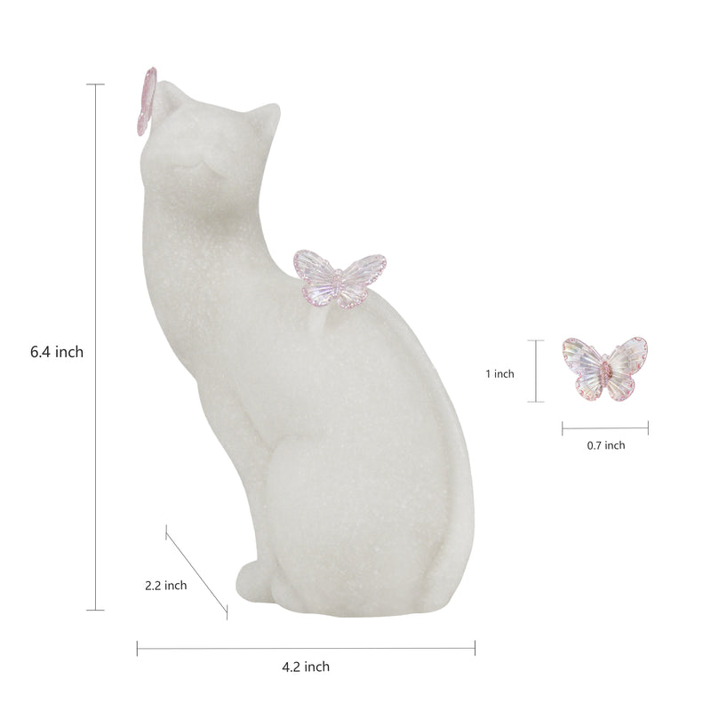 White Cat Figurine with Butterfly Decor, 6.5 Inch Tall, Home Living Room Floating Shelf Coffee Table Decorations