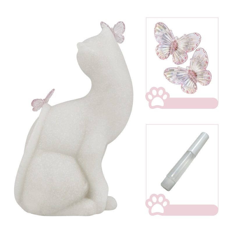 White Cat Figurine with Butterfly Decor, 6.5 Inch Tall, Home Living Room Floating Shelf Coffee Table Decorations