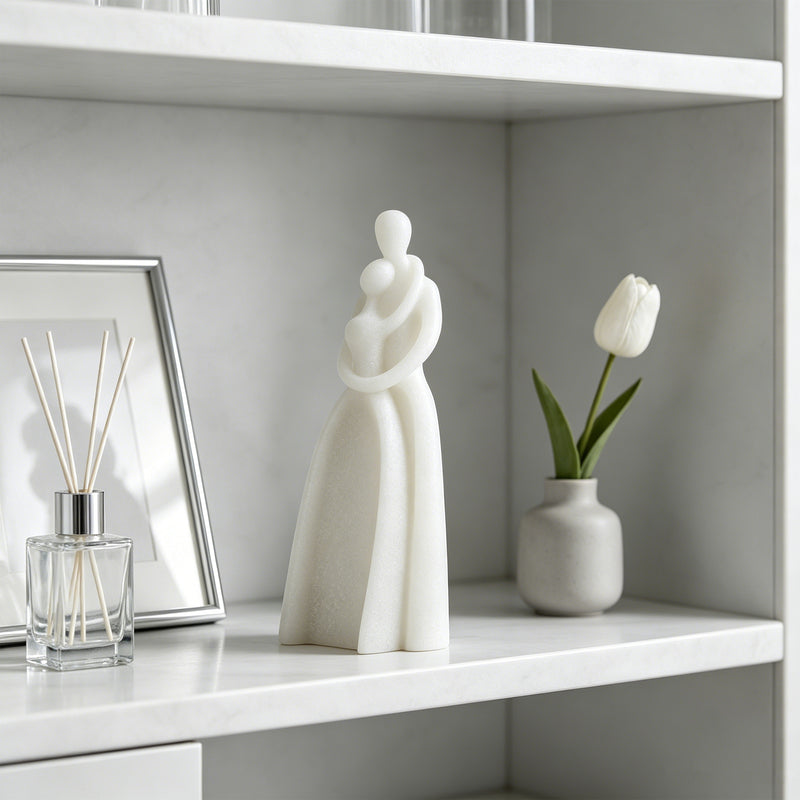 A minimalist white figurative sculpture of a couple embracing, displayed on a white shelf next to a glass reed diffuser and a small vase with a white tulip.