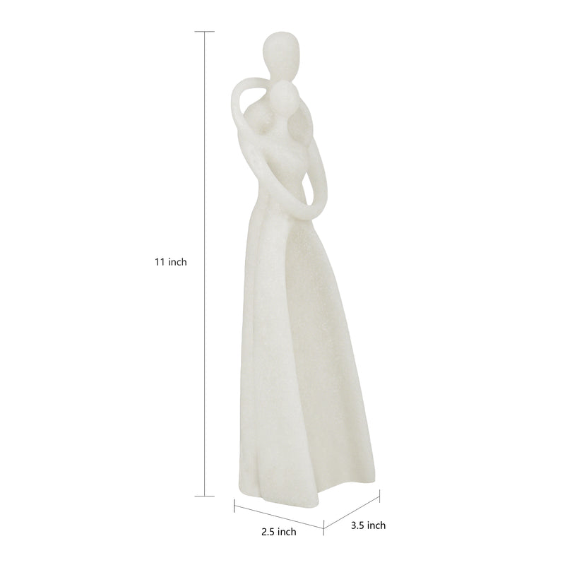 White decorative figurine of a woman in a long dress holding a child, shown with dimension lines and labels indicating 11 inch height, 2.5 inch width, and 3.