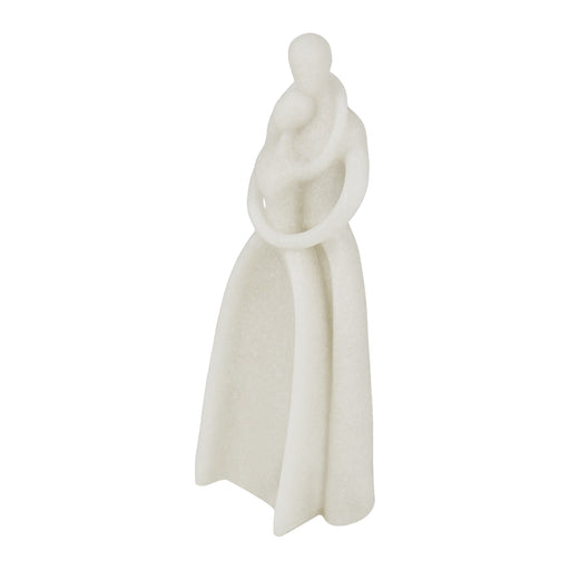 A minimalist white sculpture of a couple embracing, set against a solid white background.
