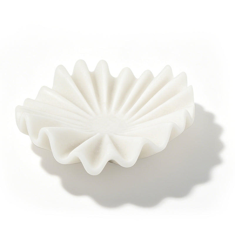 White Marble Style Decorative Bowl, Modern Ruffled Wavy Design Centerpiece for Coffee Table, Dining Room, Entryway, and Home Decor