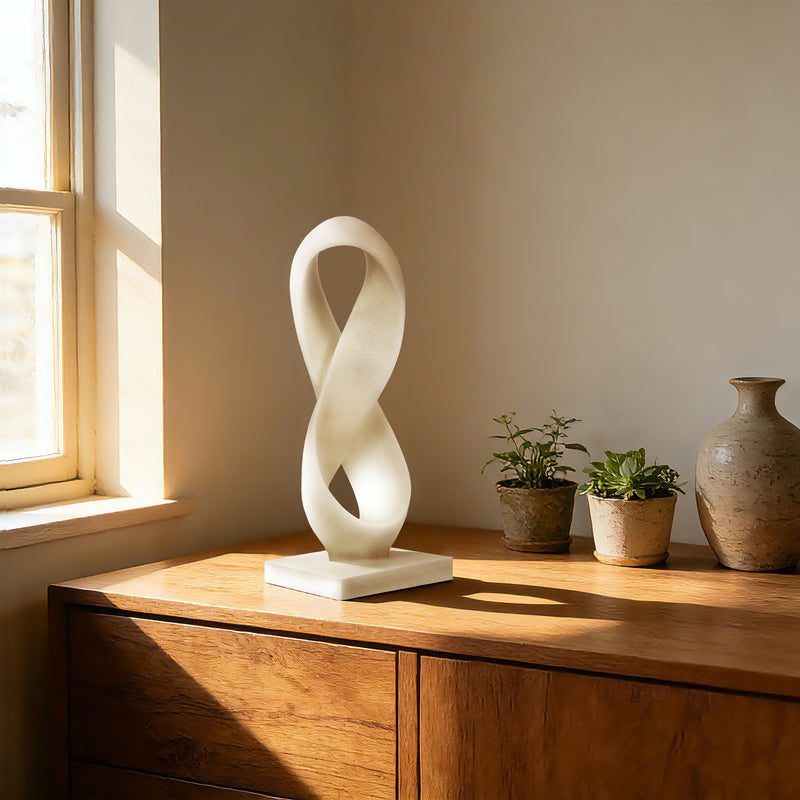 Modern Abstract Statue, 14.5'' Tall White Minimalist Infinity Loop Design Tabletop Mantel Shelf Decor, Hand-Painted Resin Sculpture for Home or Office
