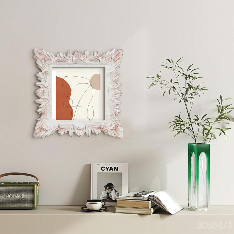 Distressed White Square Picture Frame 4x4, Rustic Hand-Painted Floral Frame for Tabletop or Wall Display