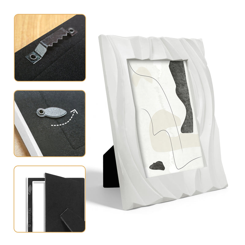 White Picture Frame 4x6, Modern Minimalist Photo Frames Tabletop or Wall for Home Décor Gifts, Hand Carved Wave Pattern Frame with 3D Textured Design