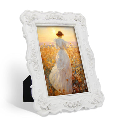 White 4x6 vintage 4x6 picture frame with hand-carved rose flower border displayed in home décor setting
