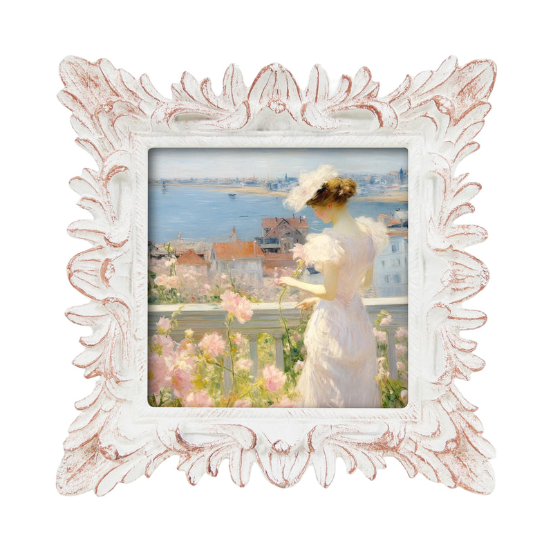 Distressed White Square Picture Frame 4x4, Rustic Hand-Painted Floral Frame for Tabletop or Wall Display