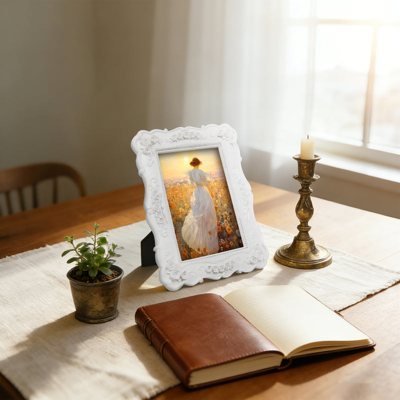 White Picture Frames 4x6 for Wall and Desk Display, Vintage 4 x 6 Picture Frame with Hand Carved Roses Flowers Detail, Rustic House Living Room Shelf Decor