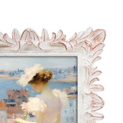 White vintage 4x4 hand-painted picture frame with symmetric floral border for wall and tabletop display, hand-painted