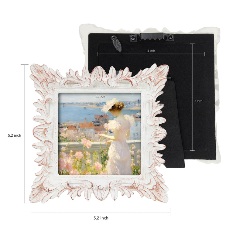 Distressed White Square Picture Frame 4x4, Rustic Hand-Painted Floral Frame for Tabletop or Wall Display