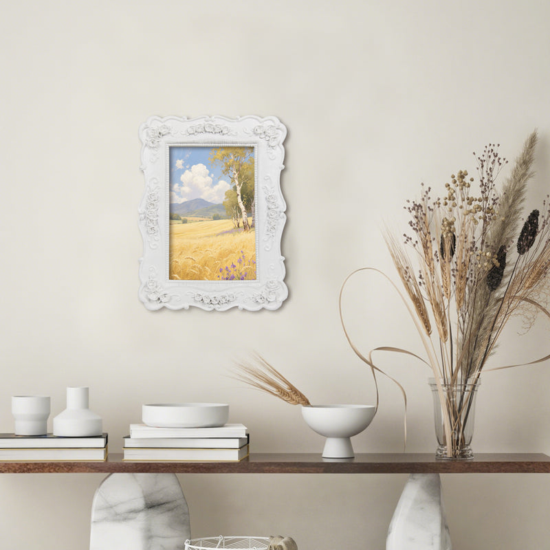 White Picture Frames 4x6 for Wall and Desk Display, Vintage 4 x 6 Picture Frame with Hand Carved Roses Flowers Detail, Rustic House Living Room Shelf Decor