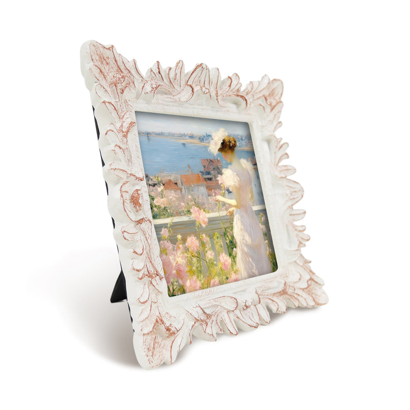 Distressed White Square Picture Frame 4x4, Rustic Hand-Painted Floral Frame for Tabletop or Wall Display