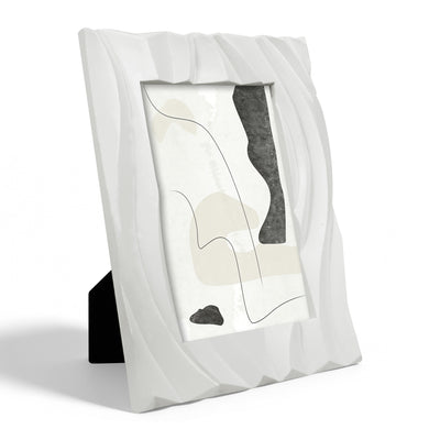 White modern 4x6 picture frame with hand-carved 3D wave texture design for wall and tabletop display, hand-painted resin