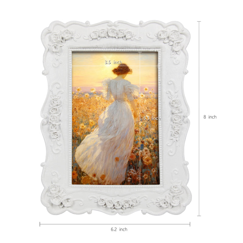 White Picture Frames 4x6 for Wall and Desk Display, Vintage 4 x 6 Picture Frame with Hand Carved Roses Flowers Detail, Rustic House Living Room Shelf Decor
