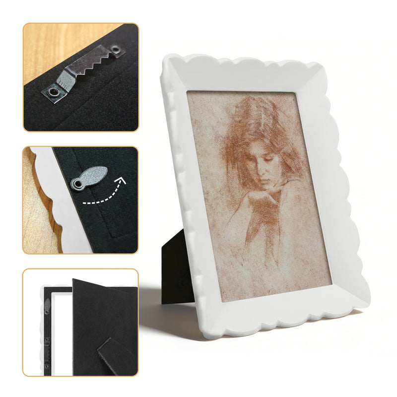 4x6 Picture Frame Wall and Tabletop Display, Hand Painted White Photo Frame with Carved Scalloped Edge Design