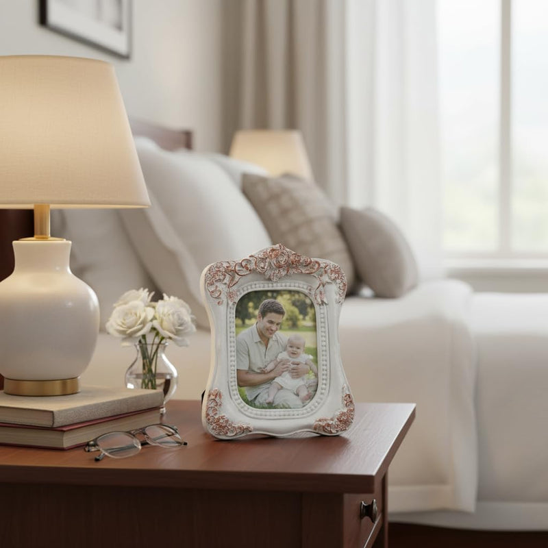 Distressed White Small Picture Frame 2.5x3.5, Hand Crafted Rose Design Rustic Frames for Wall or Tabletop