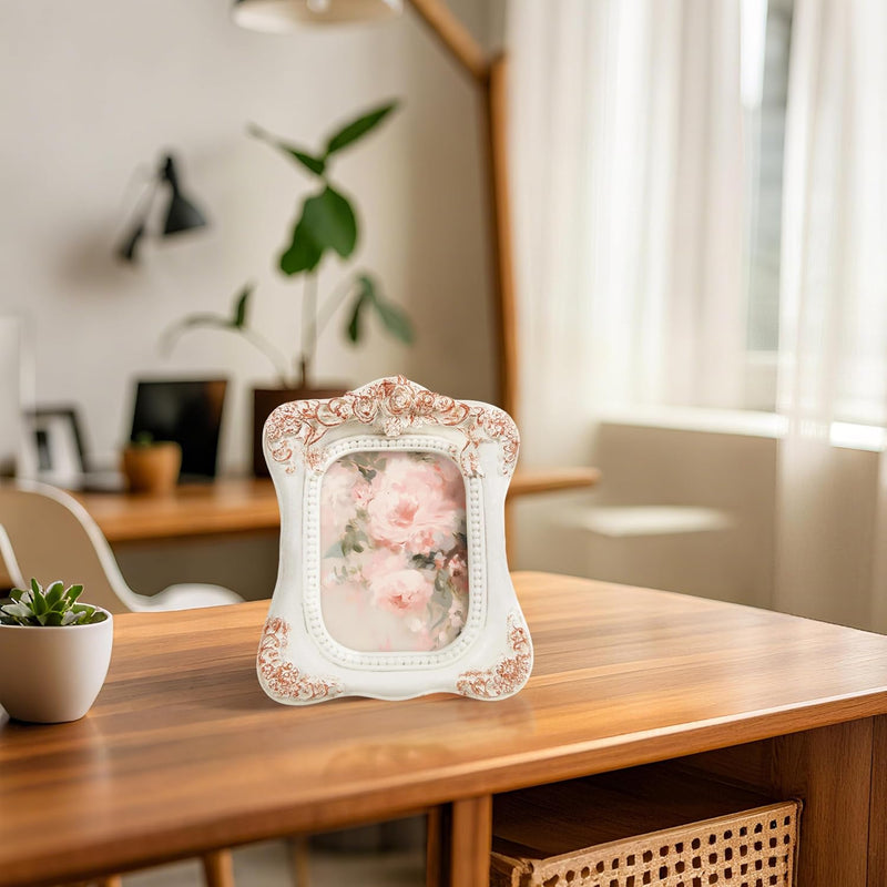 Distressed White Small Picture Frame 2.5x3.5, Hand Crafted Rose Design Rustic Frames for Wall or Tabletop