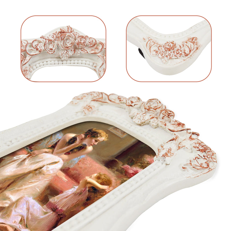 Distressed White Small Picture Frame 2.5x3.5, Hand Crafted Rose Design Rustic Frames for Wall or Tabletop