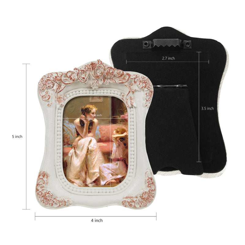 Distressed White Small Picture Frame 2.5x3.5, Hand Crafted Rose Design Rustic Frames for Wall or Tabletop