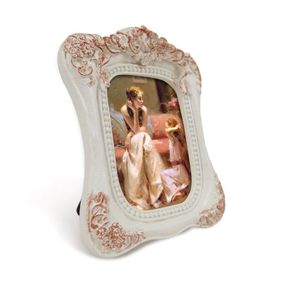 White small 2.5x3.5 vintage picture frame with hand-carved rose design for wall and tabletop display, hand-painted