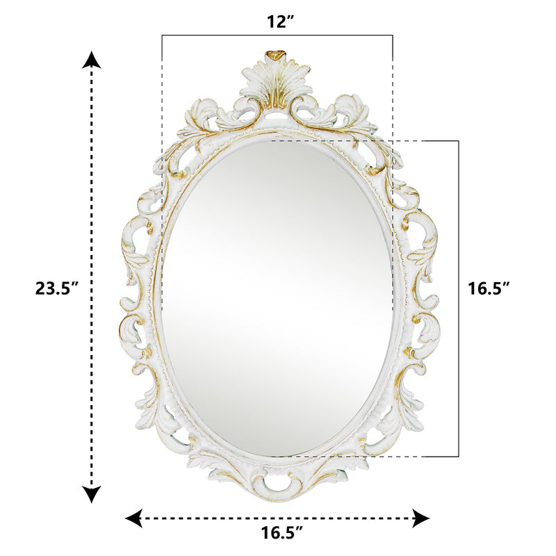Vintage Oval Mirrors with Scroll Design for Walls Entryways Living Dressing Room Bedroom, Rustic White Vanity Mirror
