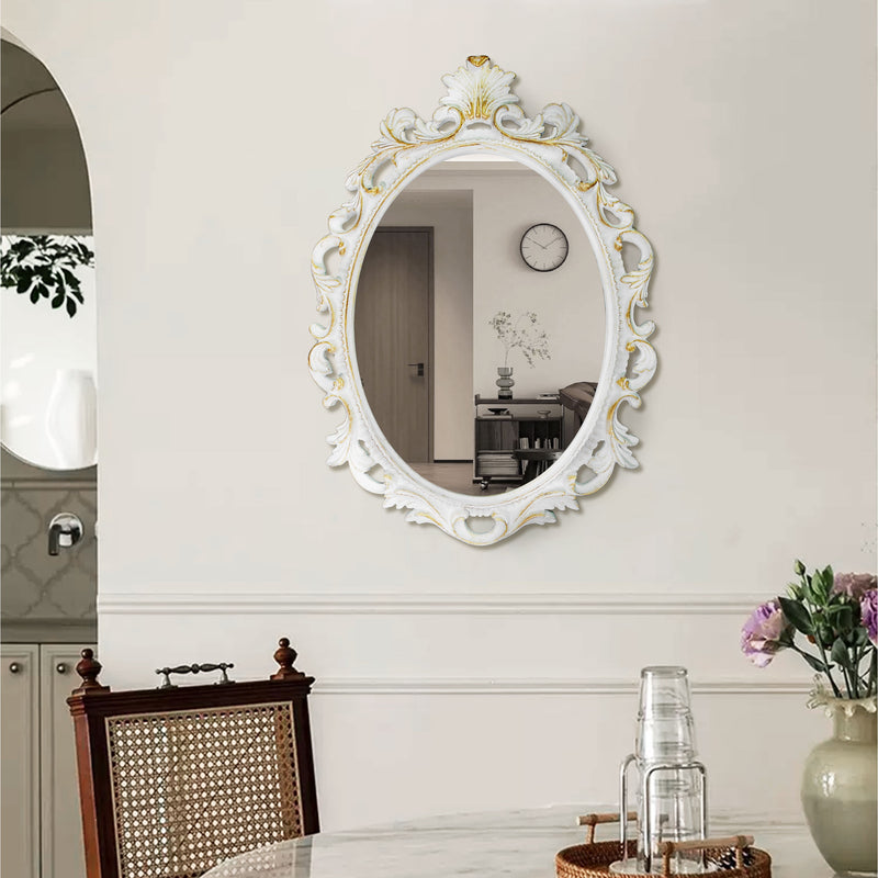 Vintage Oval Mirrors with Scroll Design for Walls Entryways Living Dressing Room Bedroom, Rustic White Vanity Mirror