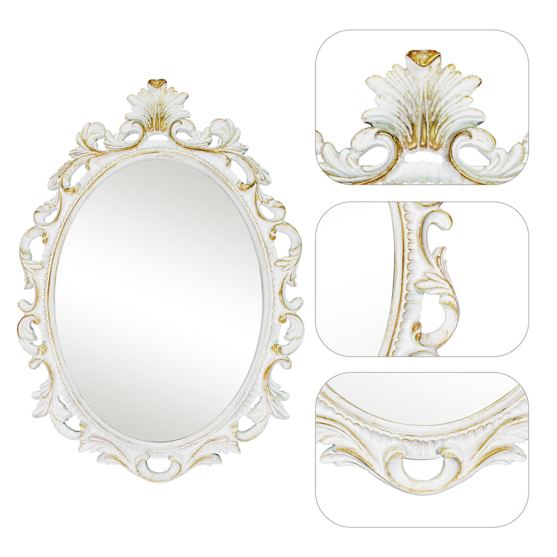 Vintage Oval Mirrors with Scroll Design for Walls Entryways Living Dressing Room Bedroom, Rustic White Vanity Mirror