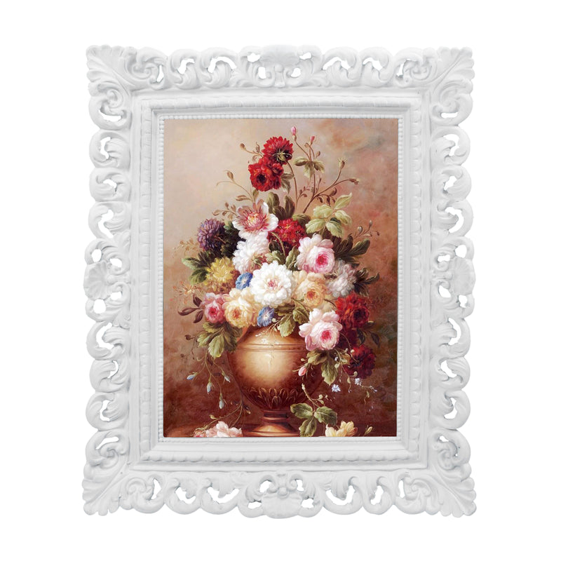 White 4x6 / 5x7 vintage picture frame with scalloped border and floral design for wall and tabletop display, hand-painted