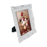 White 4x6 / 5x7 vintage picture frame with scalloped border and floral design for wall and tabletop display, hand-painted