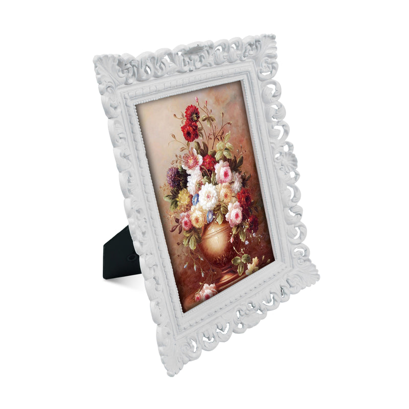 White 4x6 / 5x7 vintage picture frame with scalloped border and floral design for wall and tabletop display, hand-painted