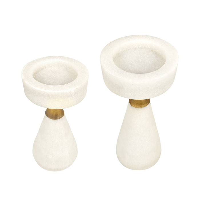 White pillar candle holders with sparkling accents forfor centerpieces, mantels, weddings, or gifts.
