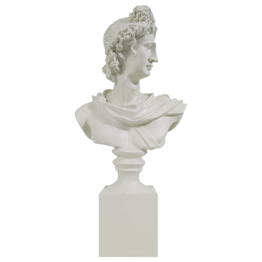 White marble Apollo bust on a white background.