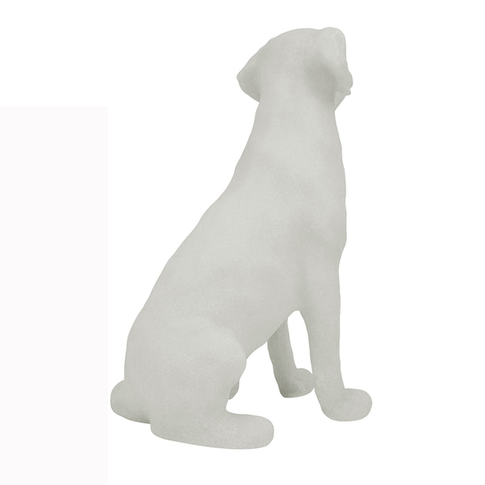 White stone dog figurine sitting on a white background.