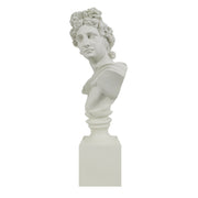 White marble Apollo bust of a classical figure on a white background.