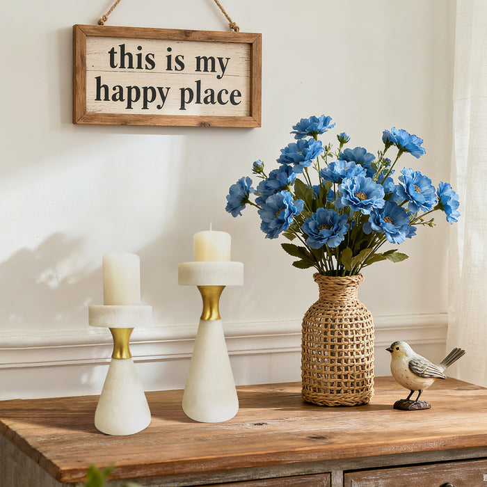 White pillar candle holders with sparkling accents forfor centerpieces, mantels, weddings, or gifts.